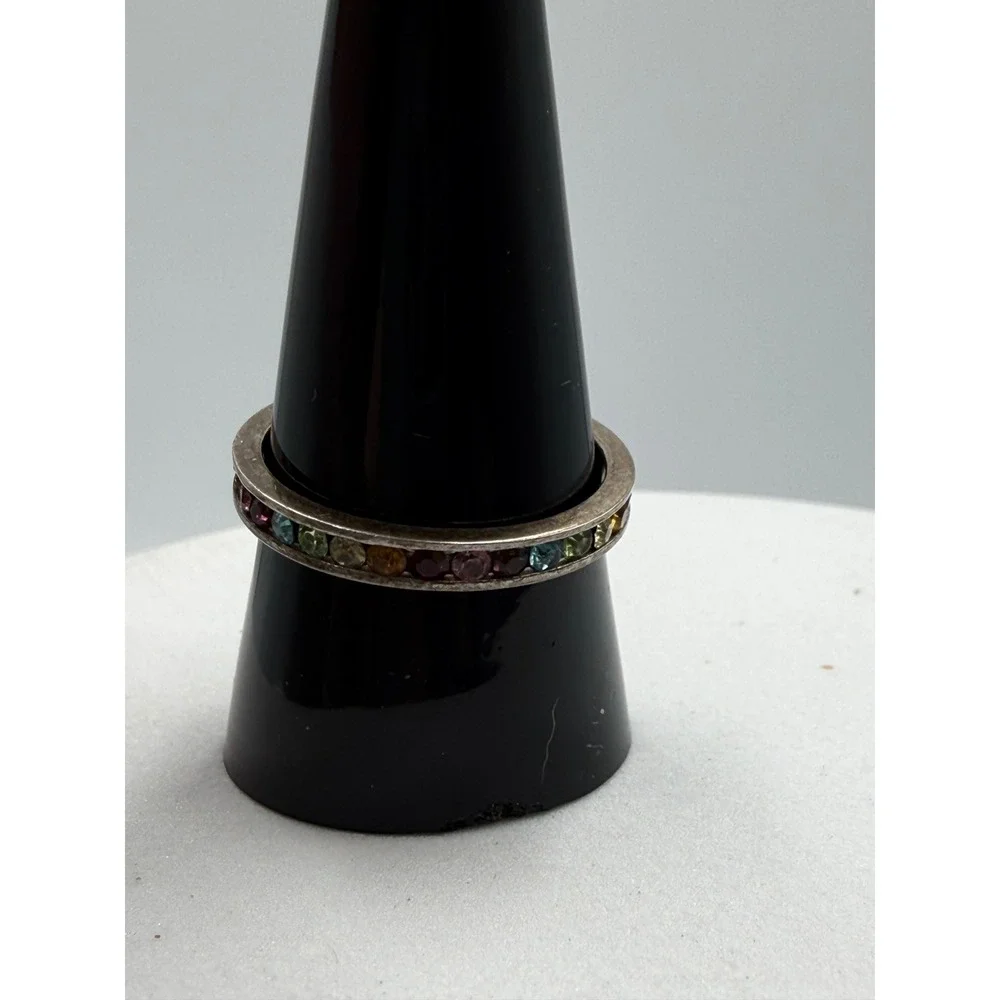 NF 925 Sterling Silver Multi‎ Color Rainbow Gemstone Eternity Band Ring Size 9